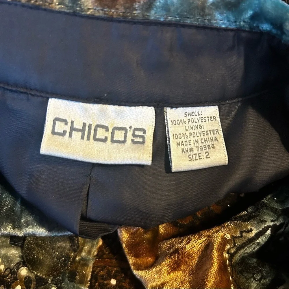 Chico's Velvet Celestial Mandala Print Blazer Teal Bronze Beaded Jacket Size‎ 2